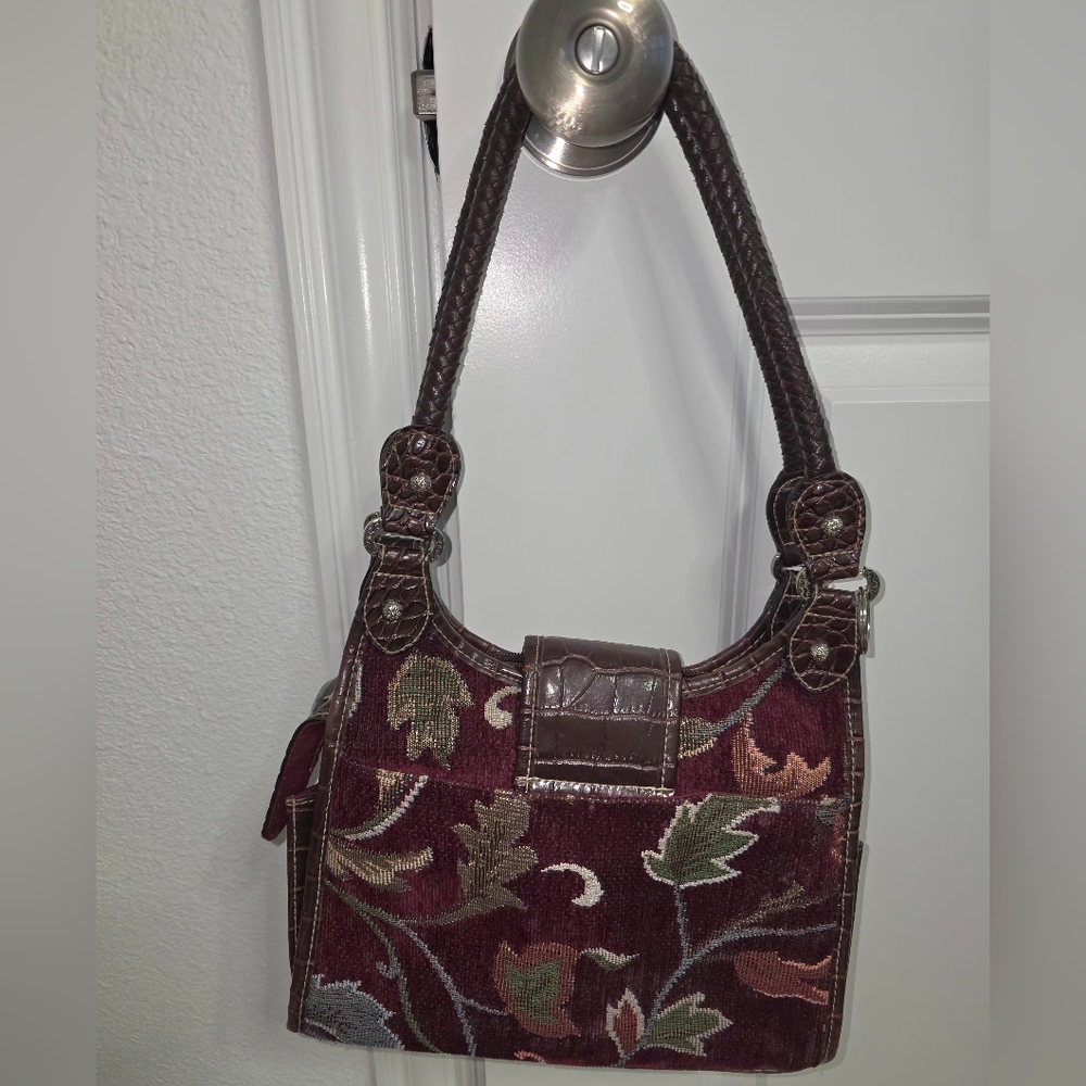 Burgundy Floral Tapestry Purse With Brown Faux Leather - Picture 2 of 11